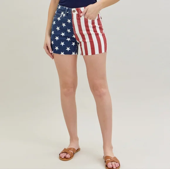 Judy Blue High-Rise Stars Stripes Jean USA American Flag Raw Hem Denim Shorts